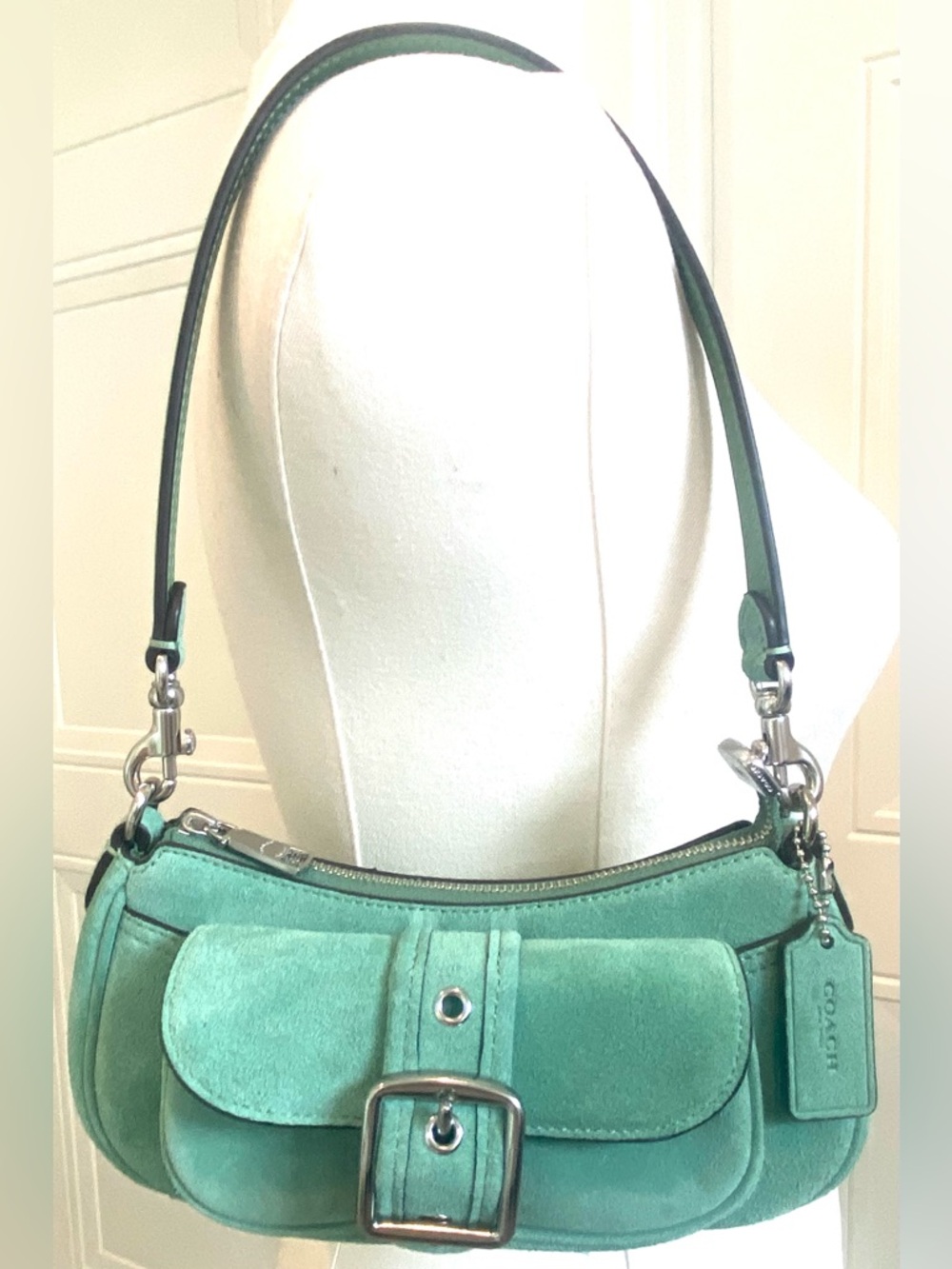 Coach Suede Soho Mini Shoulder Bag Baguette Leather Trim + Crossbody CDB12 Style - Picture 3 of 16
